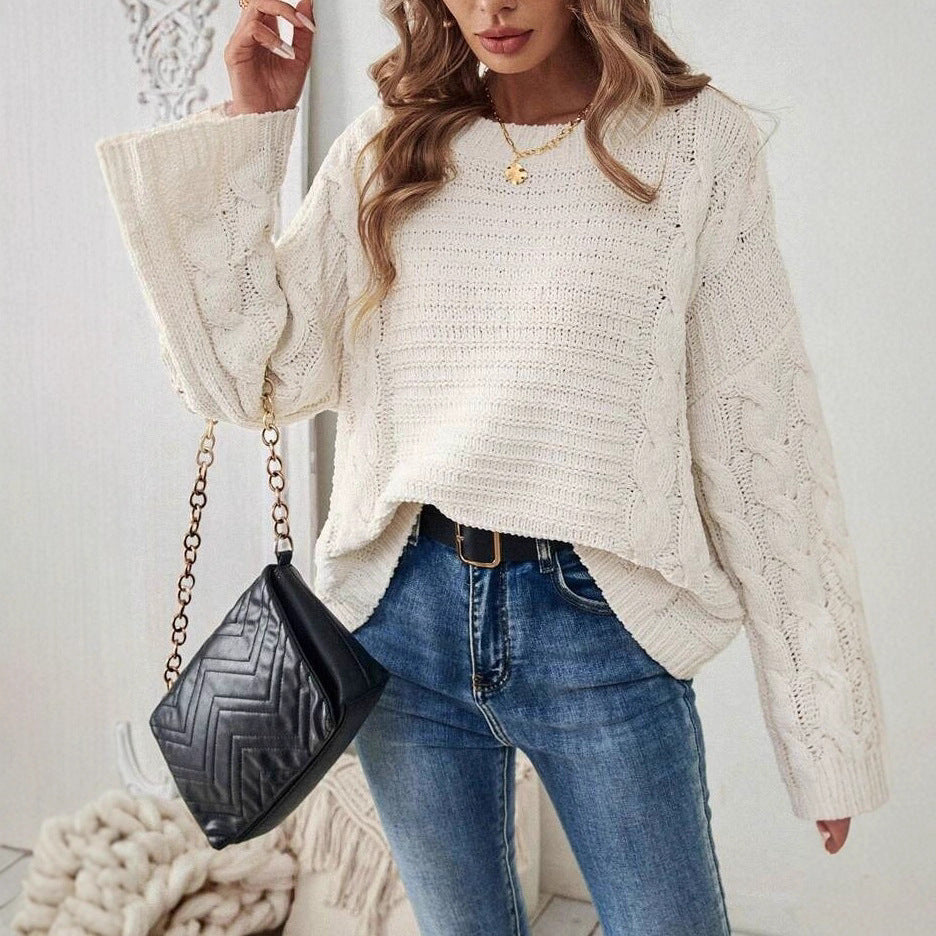 Women's Cable Knit Jumper Round Neck Wide Sleeve - 4