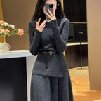 Women's Belted Asymmetric Knit Midi Dress Long Sleeve - 5