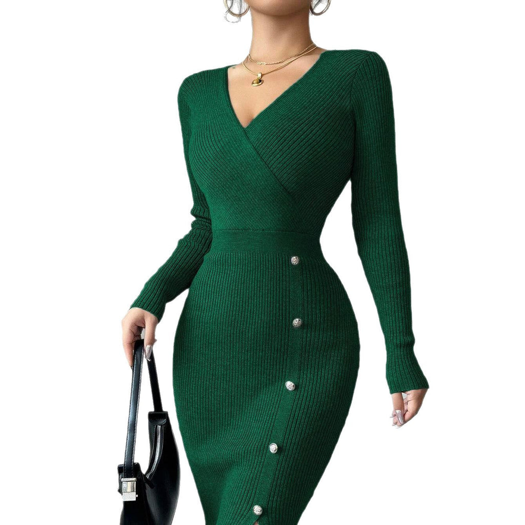 Women's Ribbed Wrap-Style Midi Dress with Button Detail - 10