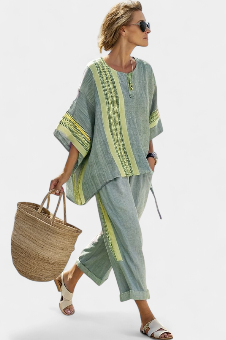 Elowric | Elegant Lavender Top & Mustard Striped Trousers - Green