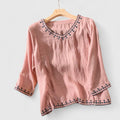 Women's Embroidered V-Neck Blouse with Relaxed Fit - Pink