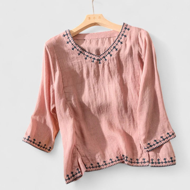 Women's Embroidered V-Neck Blouse with Relaxed Fit - Pink