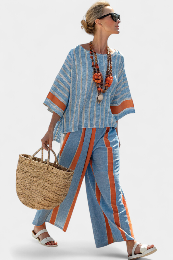 Women's Striped Top and Wide-Leg Trousers Set with Three-Quarter Sleeves - Terracotta Stripe