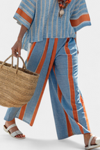 Women's Striped Top and Wide-Leg Trousers Set with Three-Quarter Sleeves - 3