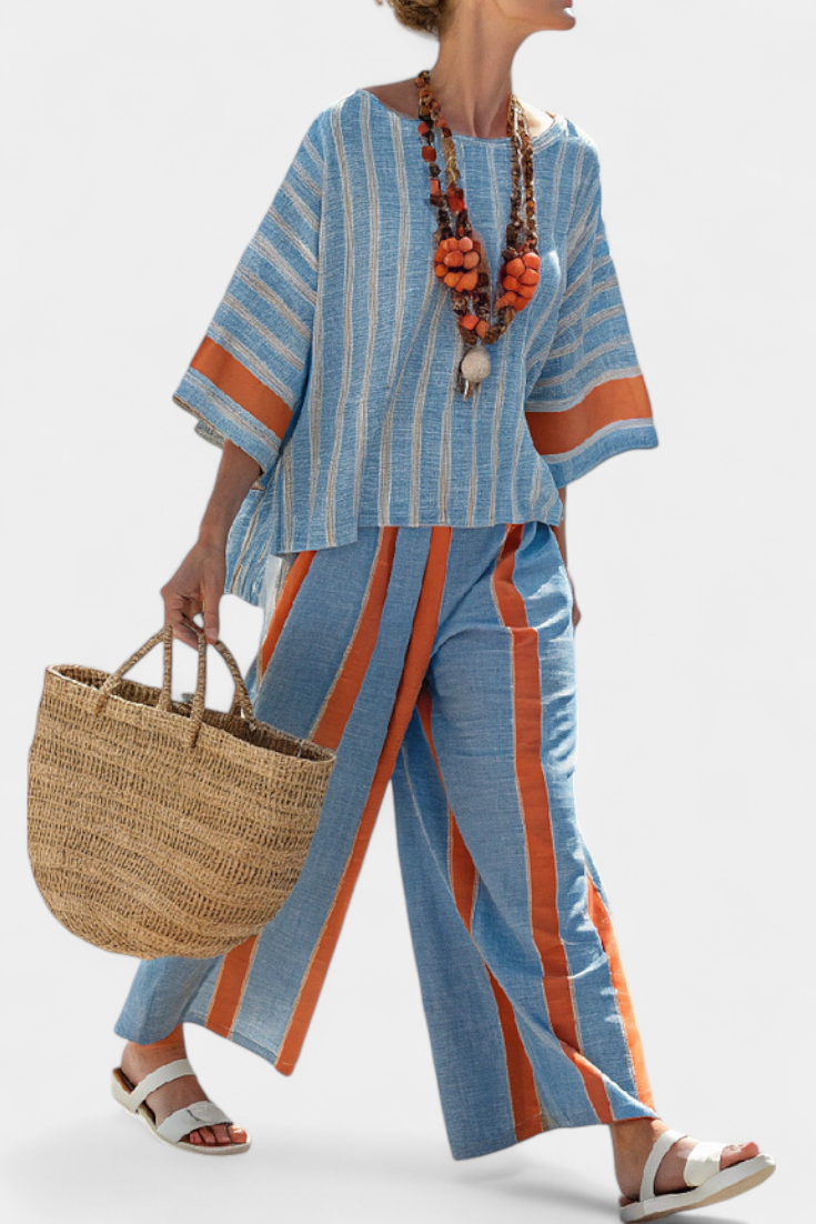Women's Striped Top and Wide-Leg Trousers Set with Three-Quarter Sleeves