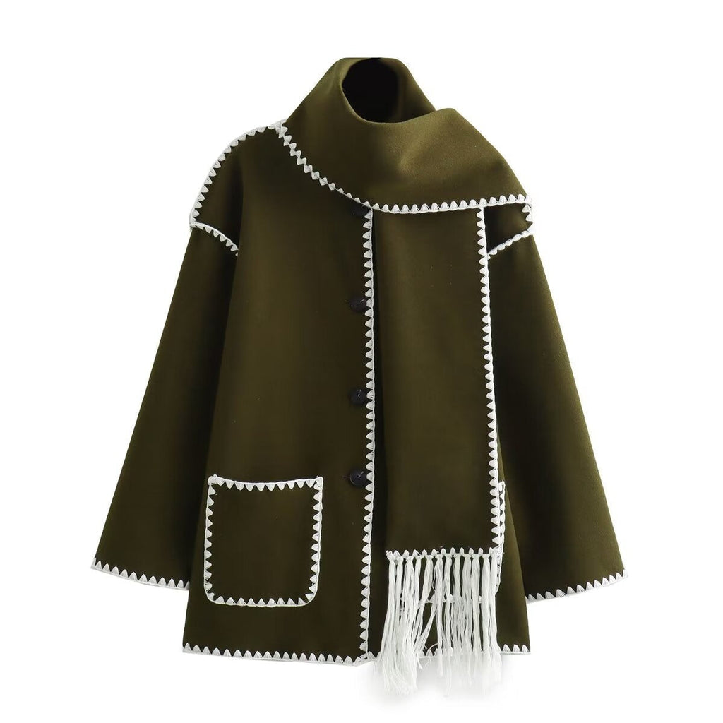 Women's Blanket Cape with Contrast Stitching and Fringe - Green