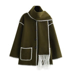Women's Blanket Cape with Contrast Stitching and Fringe - Green