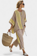 Elowric | Elegant Lavender Top & Mustard Striped Trousers - Yellow