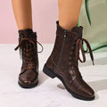 Women's Lace-Up Mid-Calf Boots with Side Zip Closure - Burgundy
