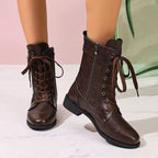 Women's Lace-Up Mid-Calf Boots with Side Zip Closure - Burgundy