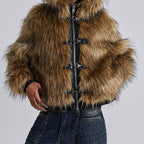 Women's Faux Fur Hooded Jacket with Toggle Closures - 4