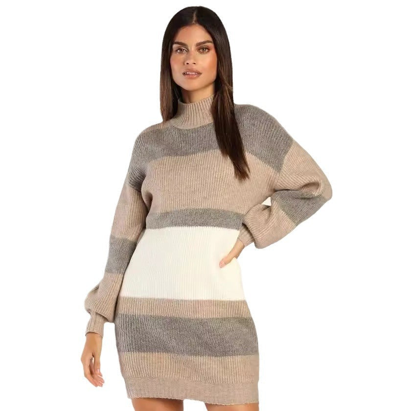 Women's Striped Rib-Knit Jumper Dress with Roll Neck - 5