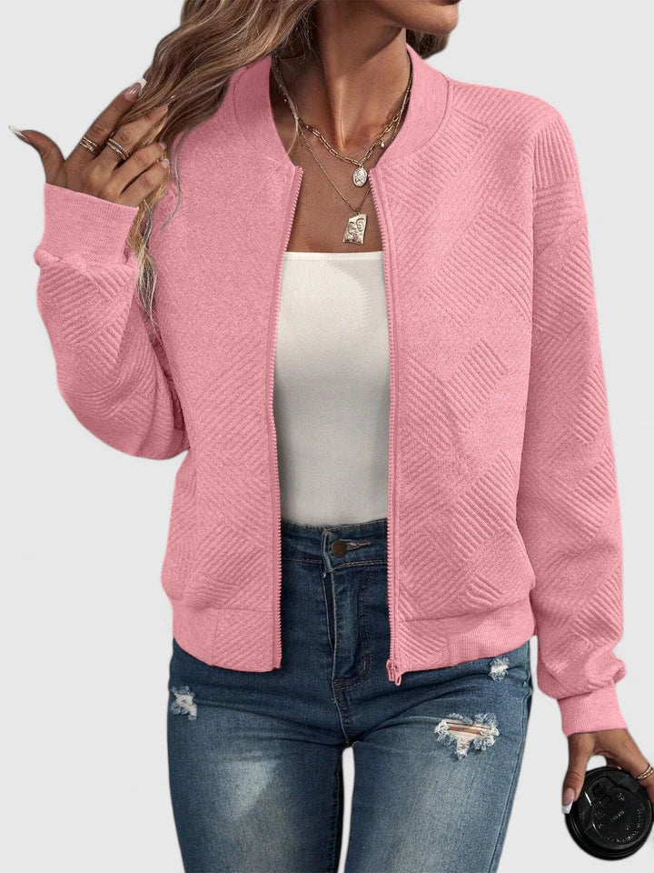 Women's Bomber Jacket with Geometric Texture and Zip Fastening - Pink
