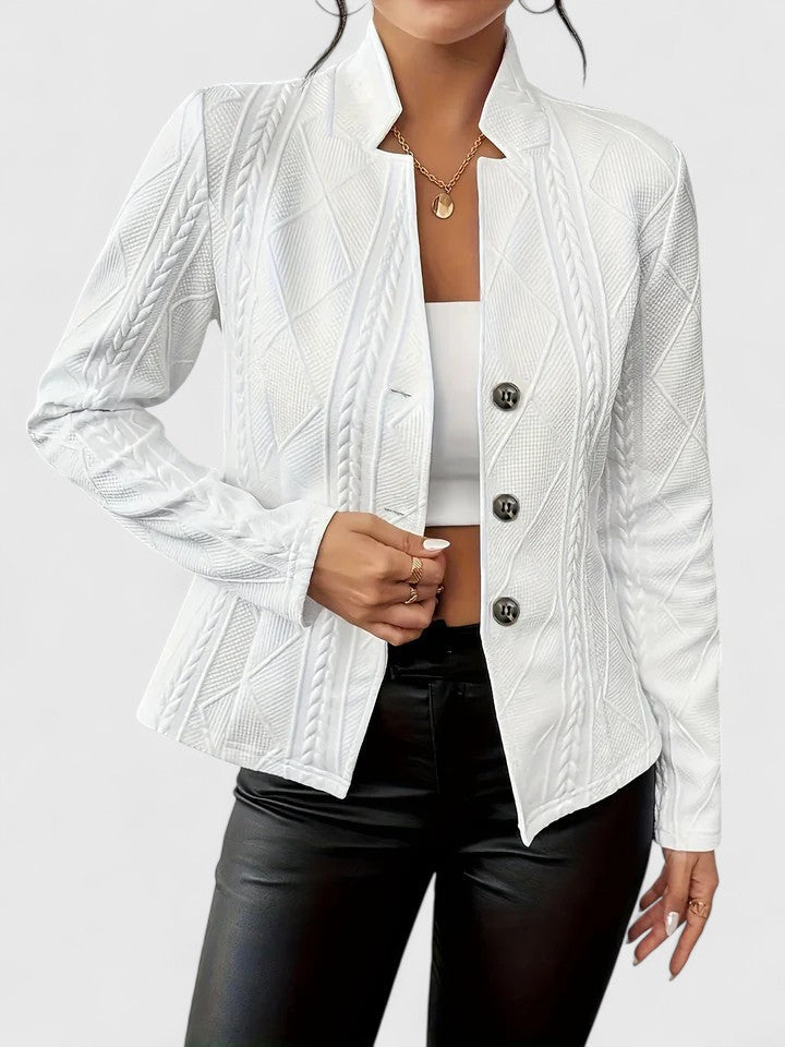 Women's Structured Jacket with Stand Collar and Textured Finish - White