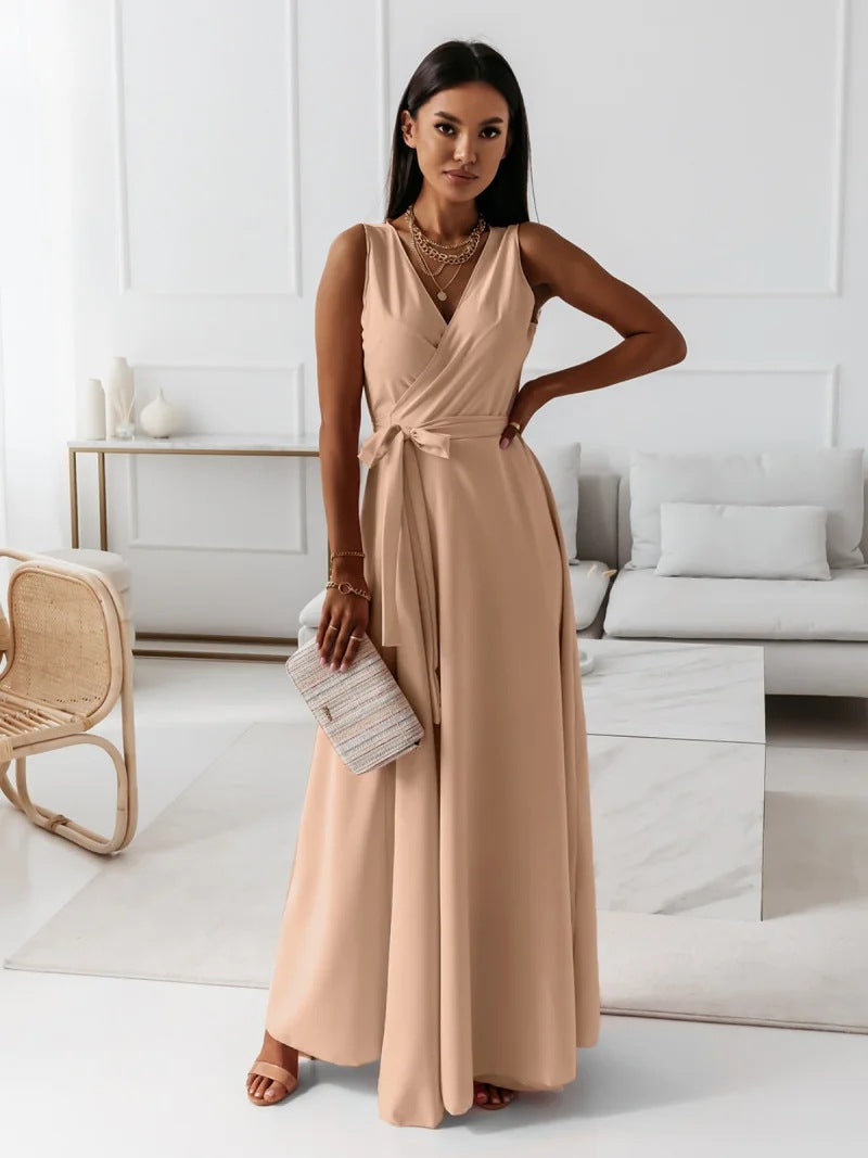 Women's Wrap Maxi Dress Sleeveless with V-Neck and A-Line Skirt - Khaki