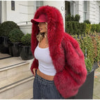 Women's Hooded Faux Fur Coat with Long Sleeves - Red