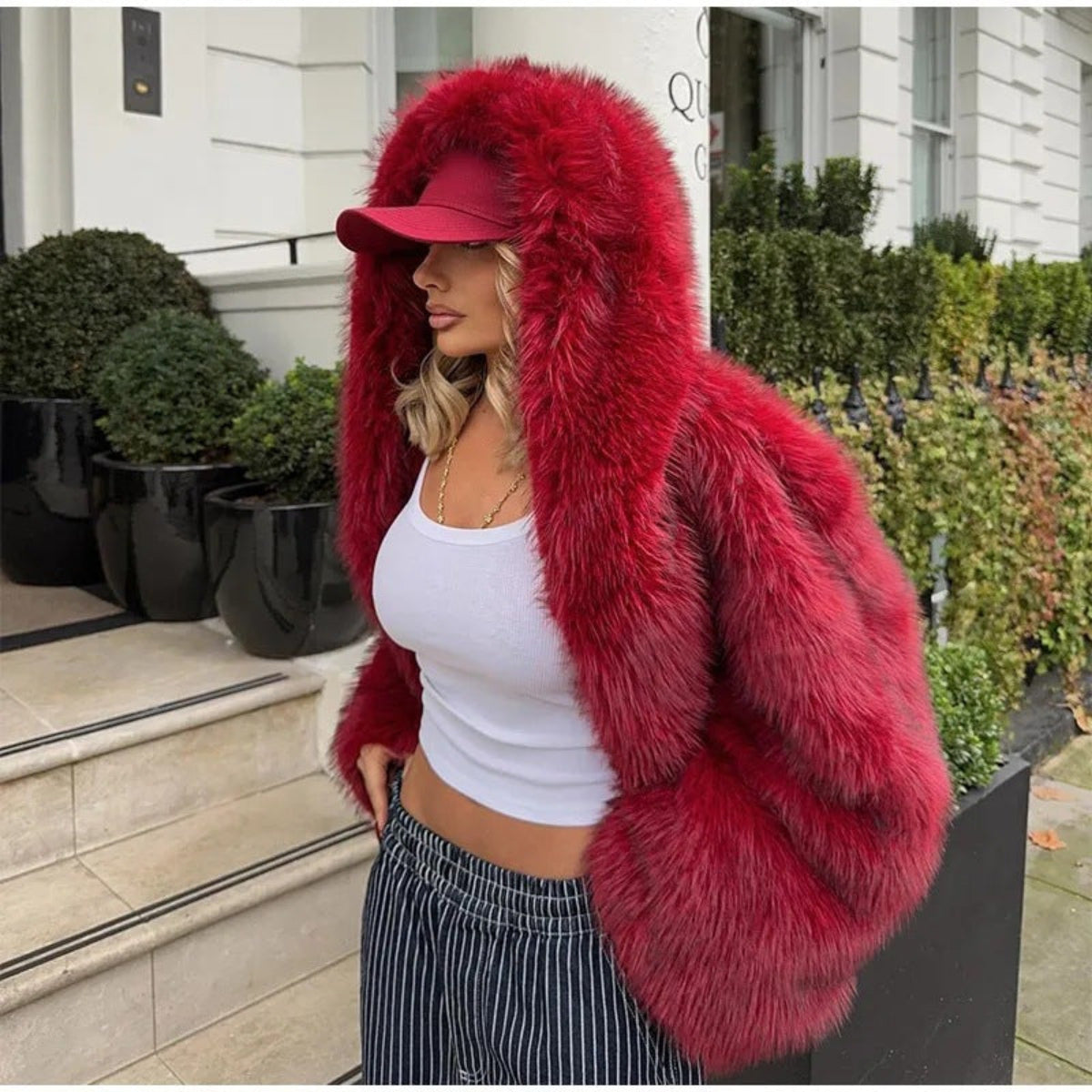 Women's Hooded Faux Fur Coat with Long Sleeves - Red