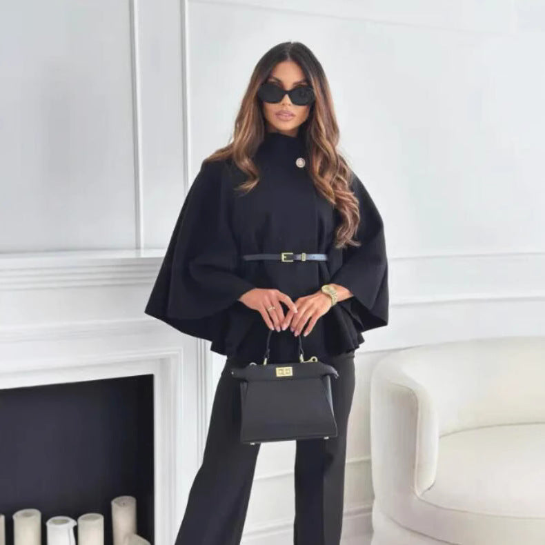 Hattie - Cosy High Neck Buttoned Cape - Black