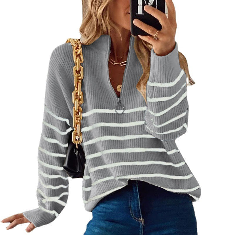 Women's Striped Ribbed Jumper with Zip Neckline - 6