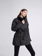 Women's Padded Coat with Belted Waist and Wide Collar - 4