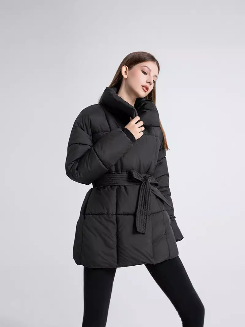 Women's Padded Coat with Belted Waist and Wide Collar - 4