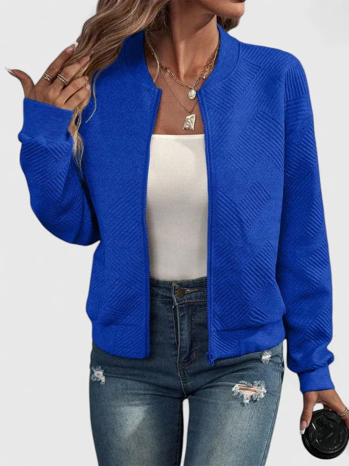 Women's Bomber Jacket with Geometric Texture and Zip Fastening - Blue