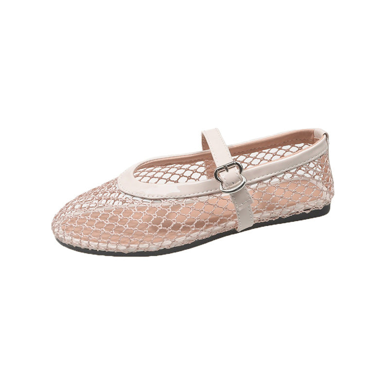 Women's Mesh Mary Jane Ballet Flats with Strap Closure - Khaki