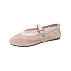 Women's Mesh Mary Jane Ballet Flats with Strap Closure - Khaki