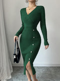 Women's Ribbed Wrap-Style Midi Dress with Button Detail - Green