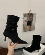 Women's Slouch Ankle Boots Pointed Toe Kitten Heel - Black
