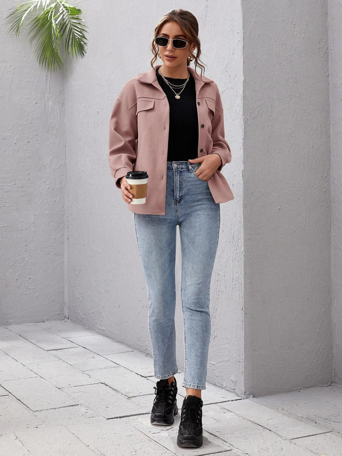 Women's Oversized Shirt Jacket with Collar and Pocket Detail - 9