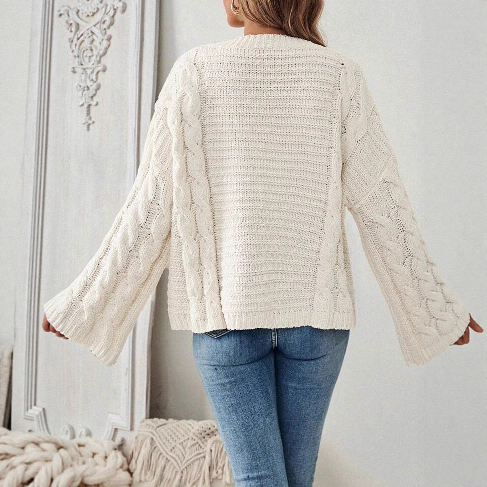 Women's Cable Knit Jumper Round Neck Wide Sleeve - 3