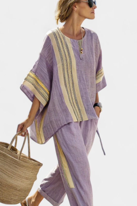 Elowric | Elegant Lavender Top & Mustard Striped Trousers - 2