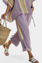 Elowric | Elegant Lavender Top & Mustard Striped Trousers - 3
