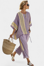 Elowric | Elegant Lavender Top & Mustard Striped Trousers - Purple