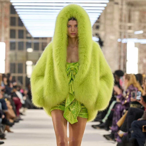 Women's Hooded Faux Fur Coat with Long Sleeves - Green