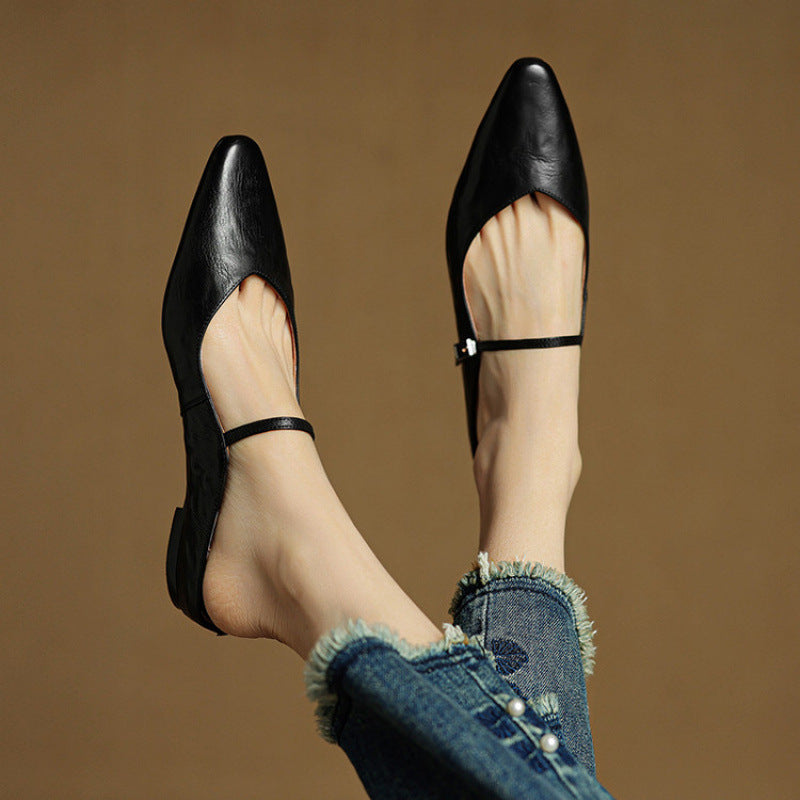 Women's Pointed Toe Mule Sandals with Ankle Strap - Black