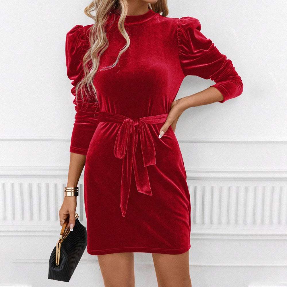 Women's Puff Sleeve Velvet Mini Dress with Tie Belt - 2