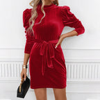 Women's Puff Sleeve Velvet Mini Dress with Tie Belt - 2