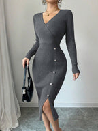 Women's Ribbed Wrap-Style Midi Dress with Button Detail - Dark Grey