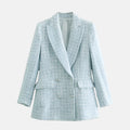 Women's Double-Breasted Tweed Blazer with Notched Lapel - Blue