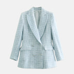 Women's Double-Breasted Tweed Blazer with Notched Lapel - Blue