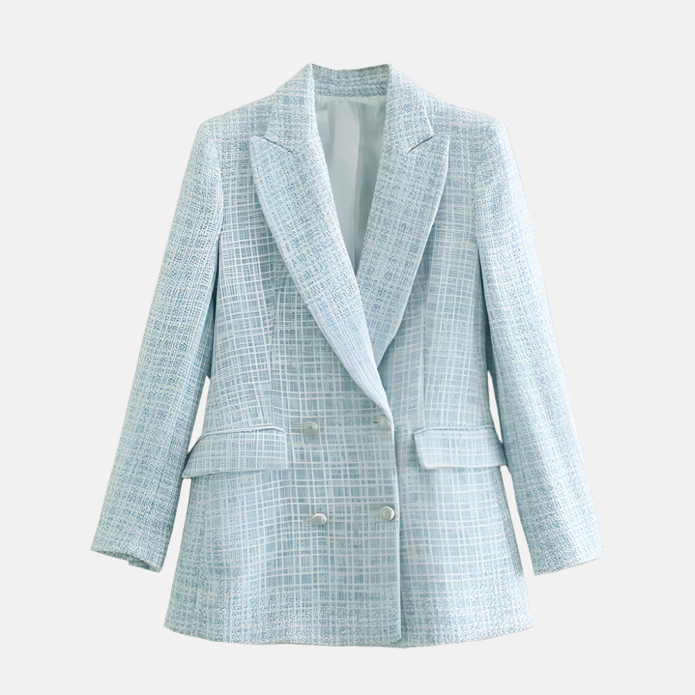 Women's Double-Breasted Tweed Blazer with Notched Lapel - Blue