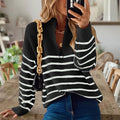 Women's Striped Ribbed Jumper with Zip Neckline - Black