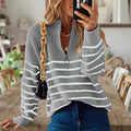 Women's Striped Ribbed Jumper with Zip Neckline - Grey