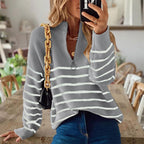 Women's Striped Ribbed Jumper with Zip Neckline - Grey
