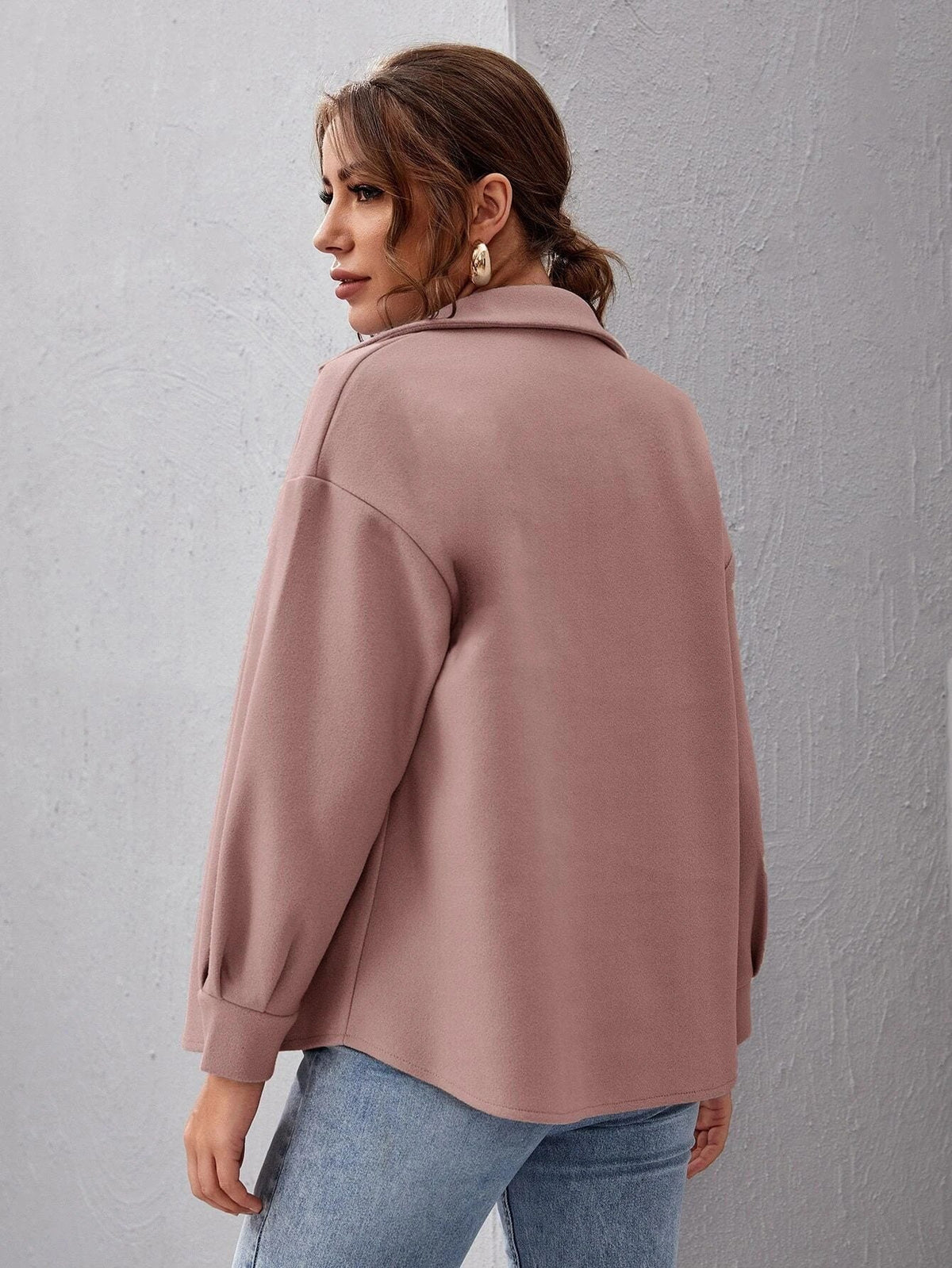 Women's Oversized Shirt Jacket with Collar and Pocket Detail - 8