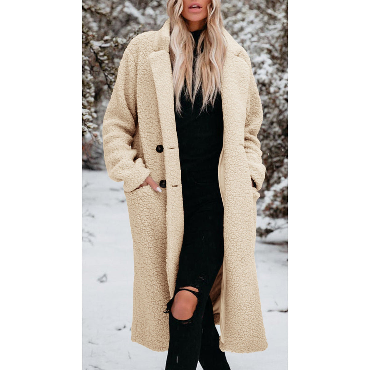 Women's Long Teddy Coat with Button Front Closure - 6