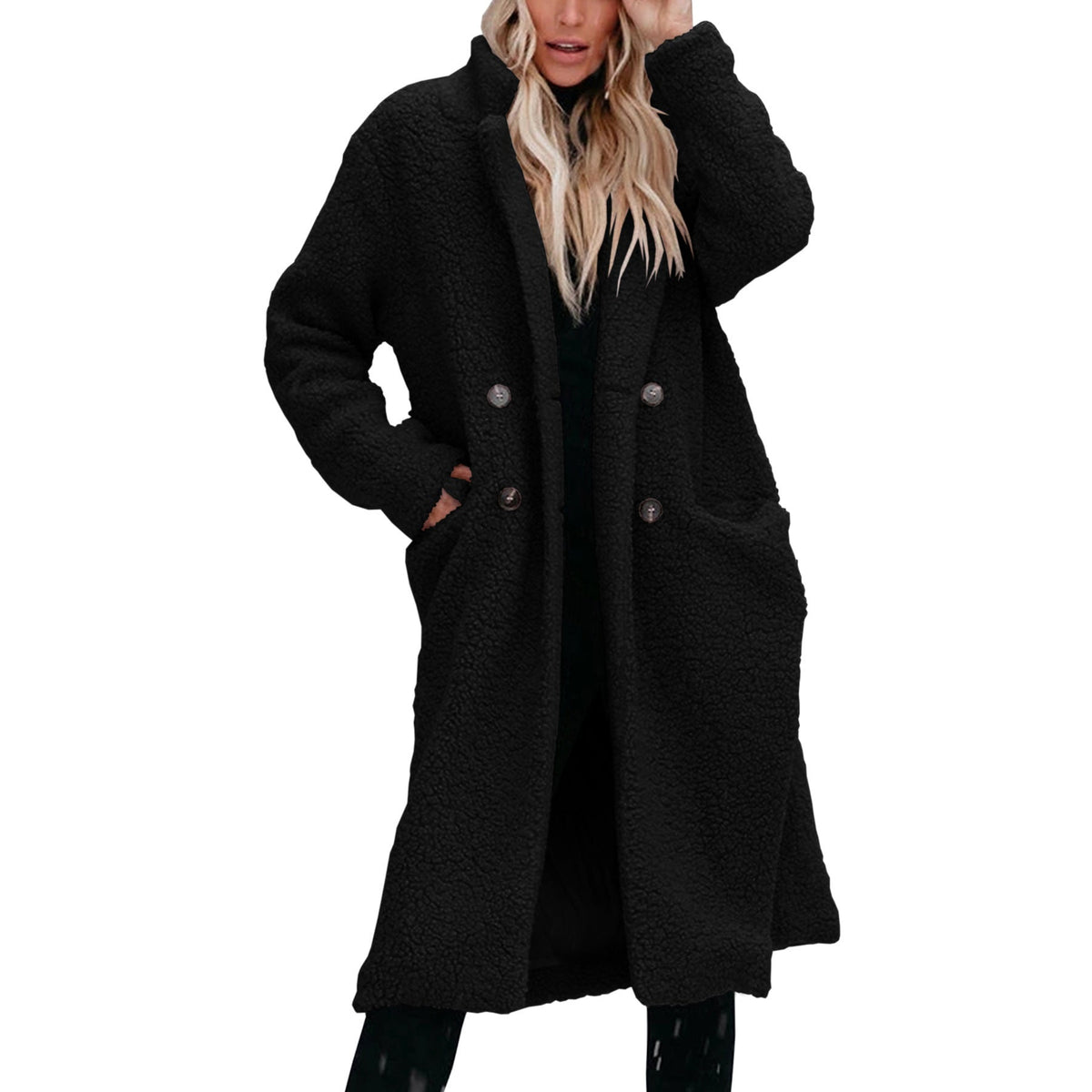 Women's Long Teddy Coat with Button Front Closure - 10