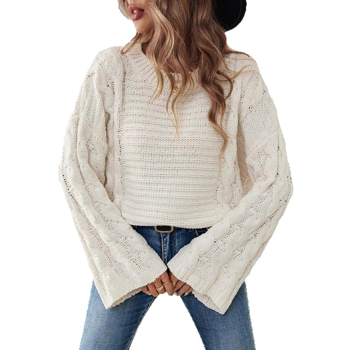 Women's Cable Knit Jumper Round Neck Wide Sleeve - 6
